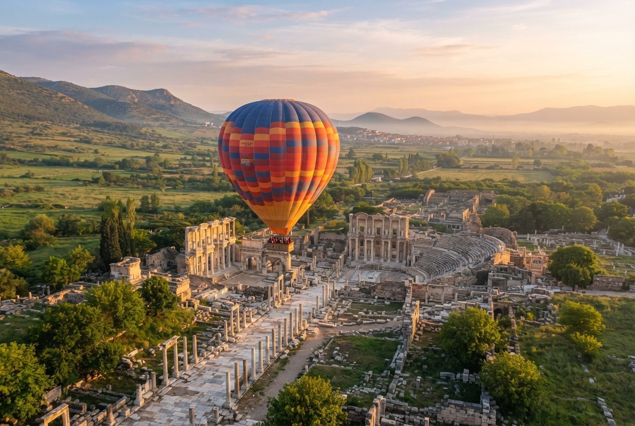 Efes ovası ve Selçuk üzerinde alçak irtifada balon