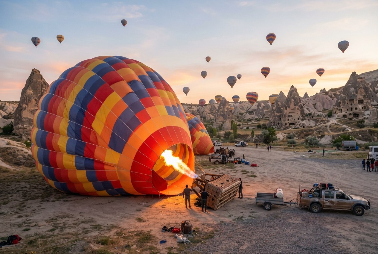 Göreme'de gün doğumunda sahada balon şişirilirken ekip