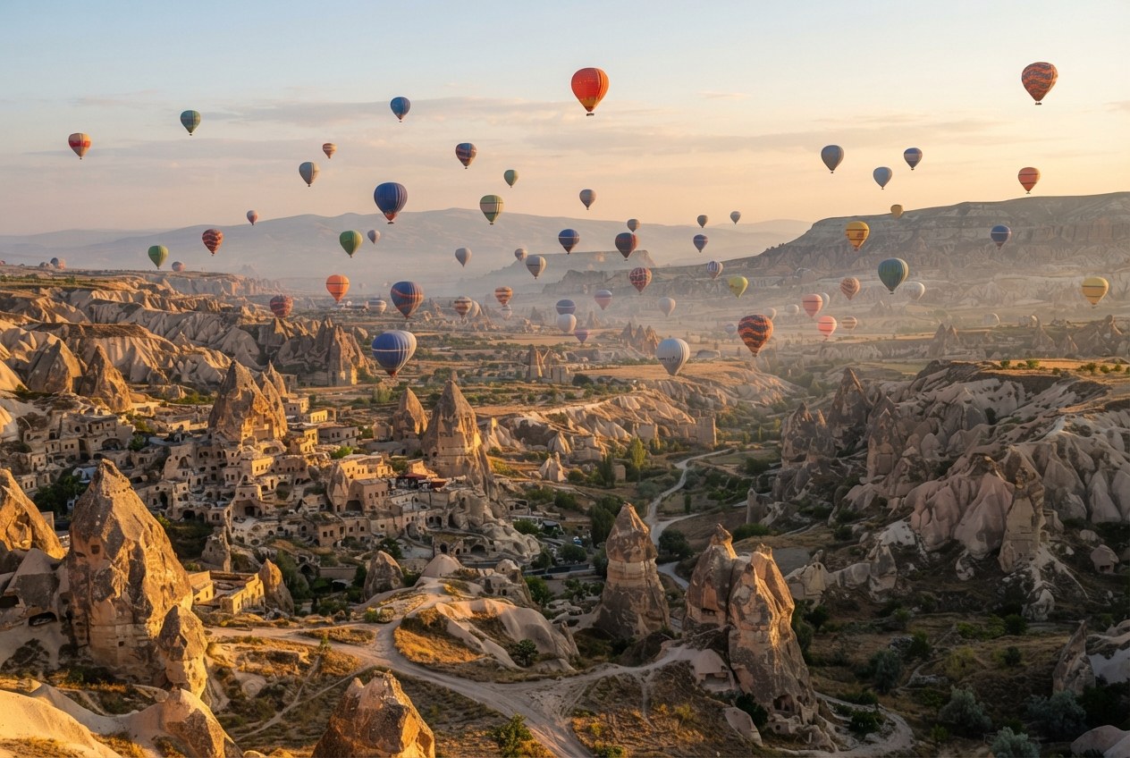 Göreme üzerinde gün doğumunda yükselen sıcak hava balonları