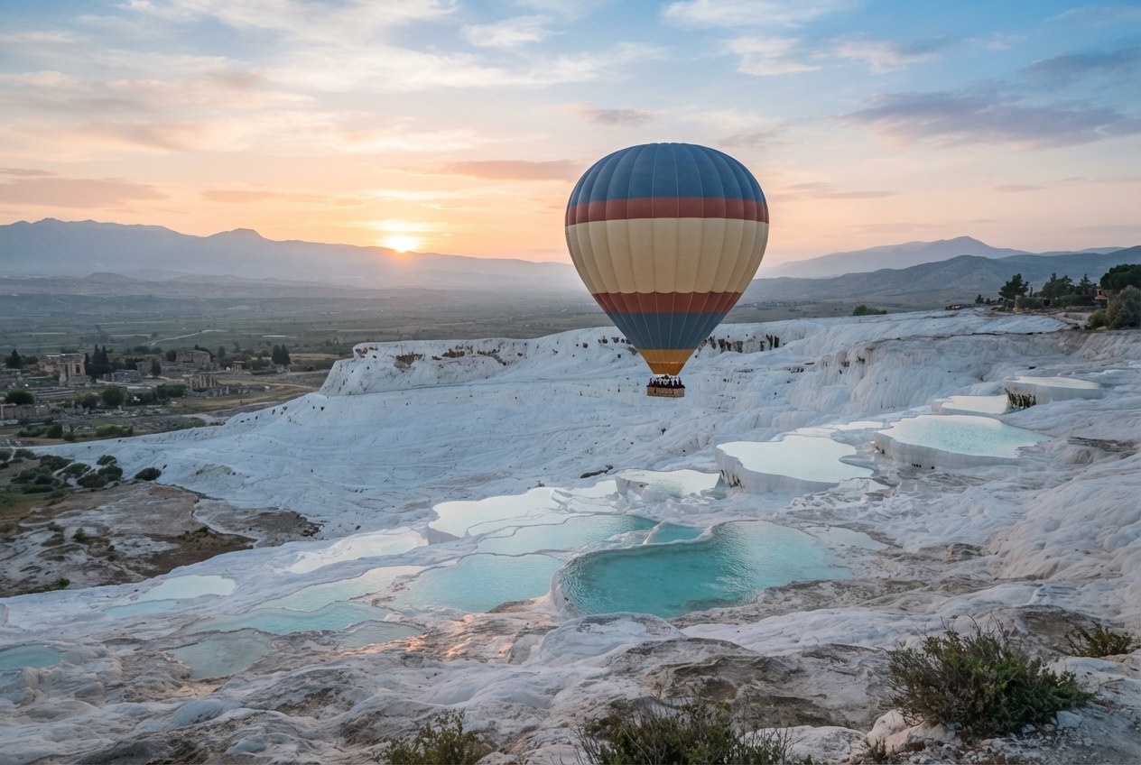 Pamukkale beyaz travertenleri üzerinde süzülen balon